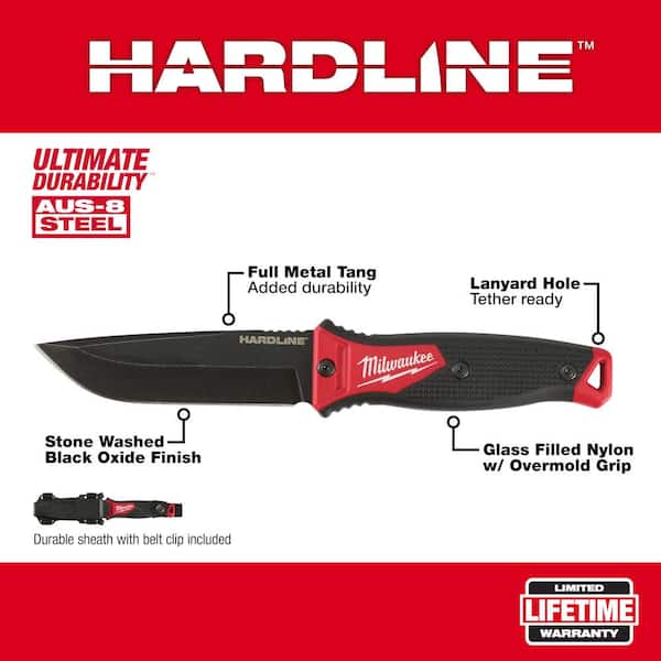 Milwaukee Tool - Fixed Blade Knives; Blade Type: Smooth; Blade Material:  AUS-8 Stainless Steel; Features: Multi-Position Sheath; Lanyard Hole;  Ultimate Durability; Overmolded Handle for Secure Grip; Full Tang Design;  Multi-Position Sheath for