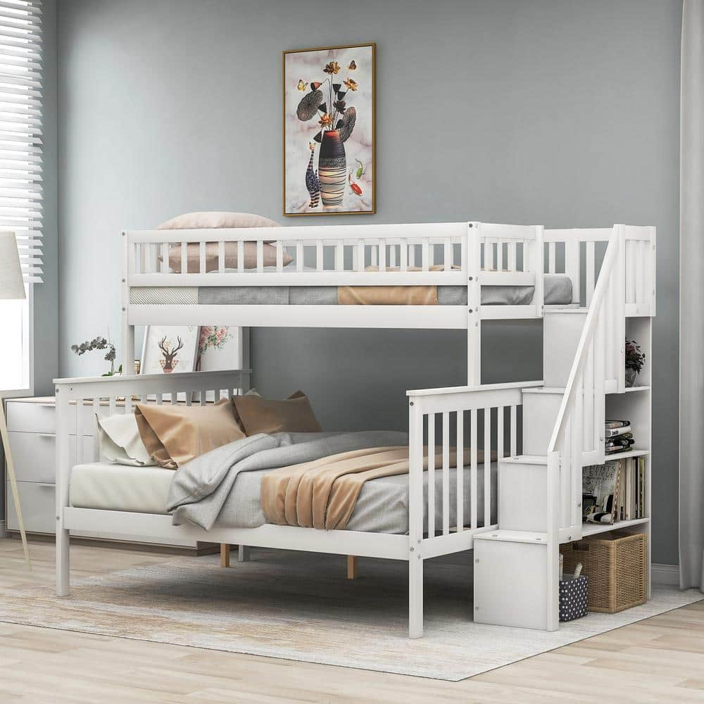 Qualler White Twin over Full Adjustable Stairway Bunk Bed with Storage ...