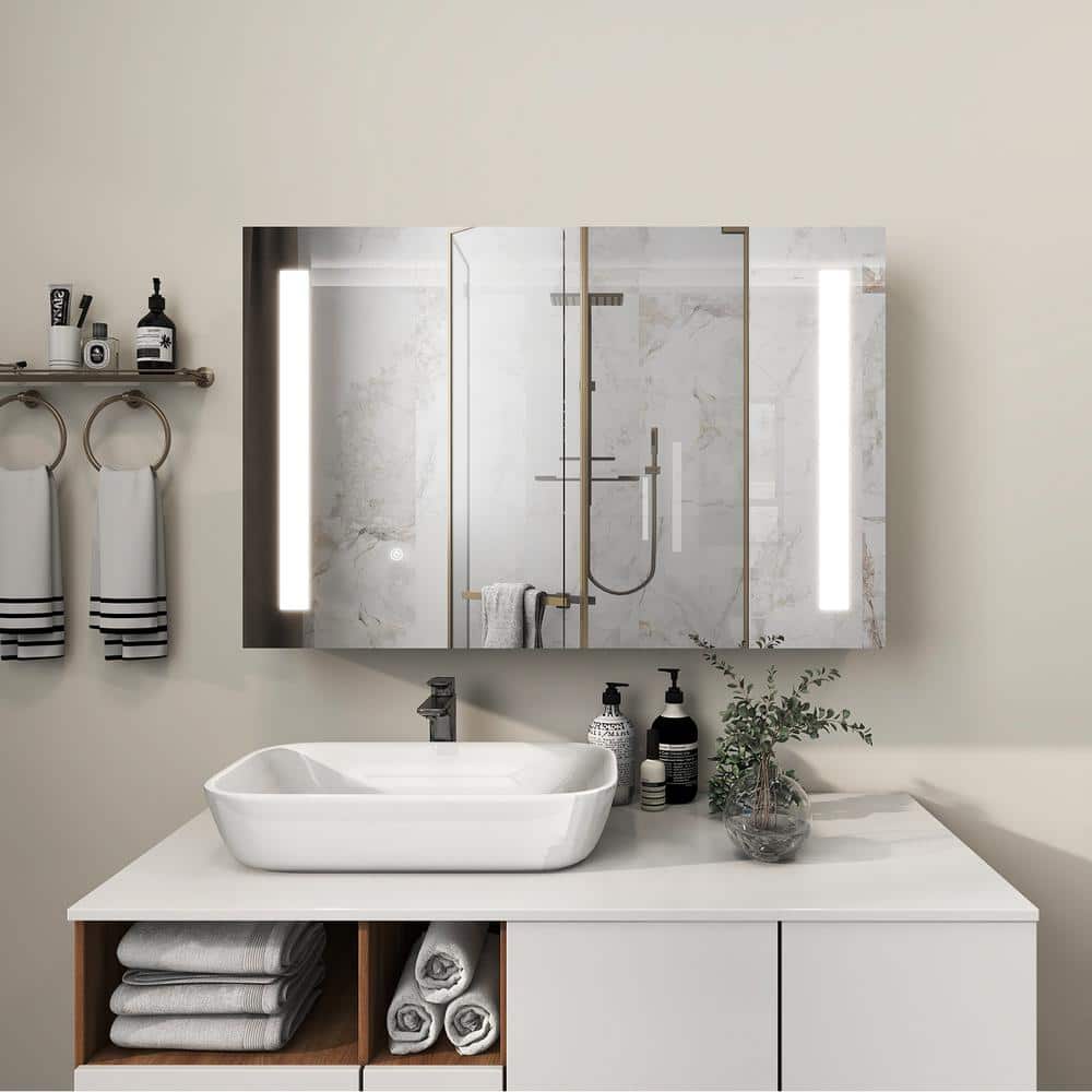 Modern 36 in. W x 24 in. H SilverMetal Framed Wall Mount or Recessed Bathro