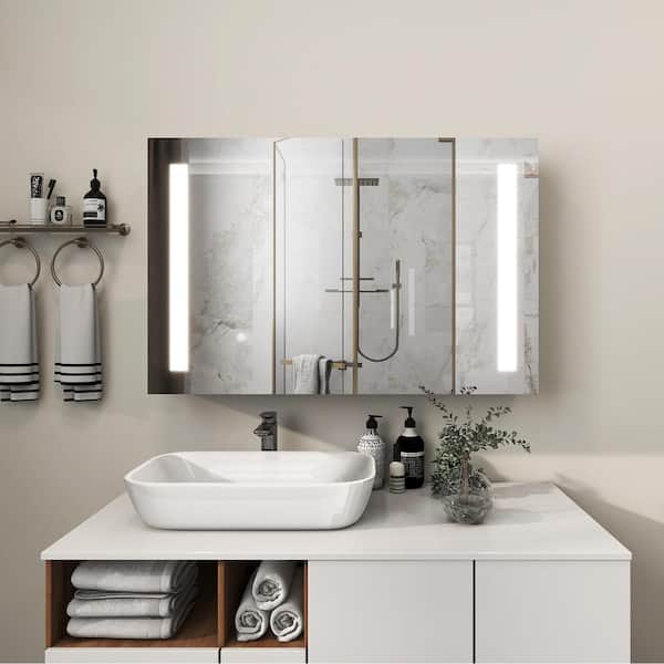 Unbranded Modern 36 in. W x 24 in. H SilverMetal Framed Wall Mount or Recessed Bathroom Medicine Cabinet with Mirror LED Anti-fog