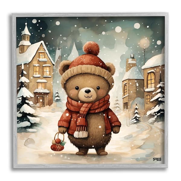 Stupell Industries Bear in Snowy Winter Village by RB 1-Piece Framed Graphic Print Animal Poster Art Print 24 in. x 24 in.