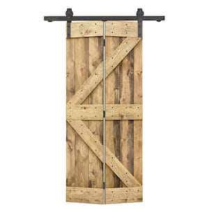 26 in. x 84 in. K-Series Weather Oak Stained DIY Wood Bi-Fold Barn Door with Sliding Hardware Kit
