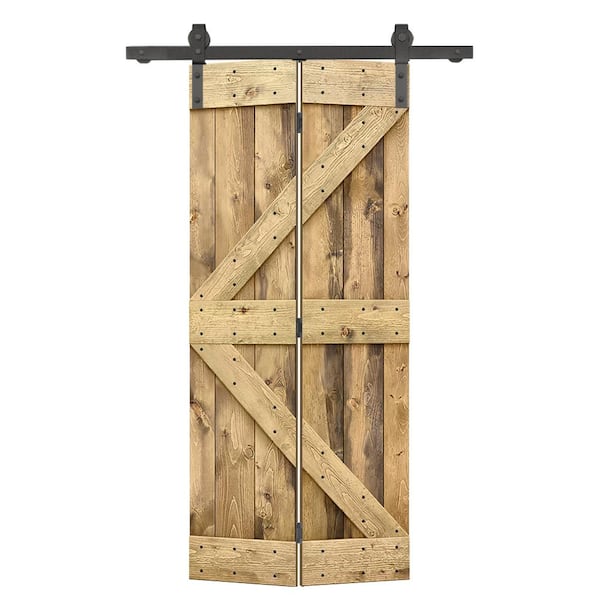 CALHOME 28 in. x 84 in. K Series Solid Core Weather Oak Stained DIY Wood Bi-Fold Barn Door with Sliding Hardware Kit