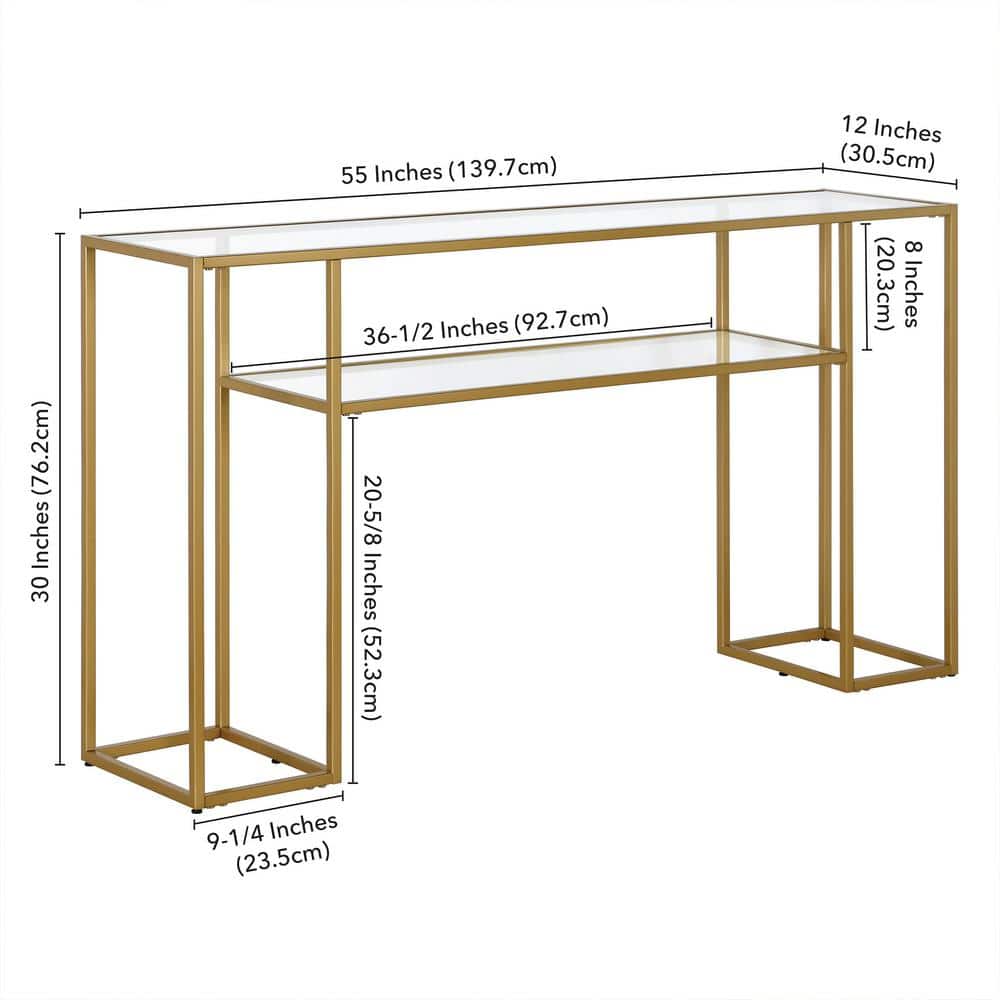 Art Deco Inspired 55" Brass & Glass Console Table with Shelf
