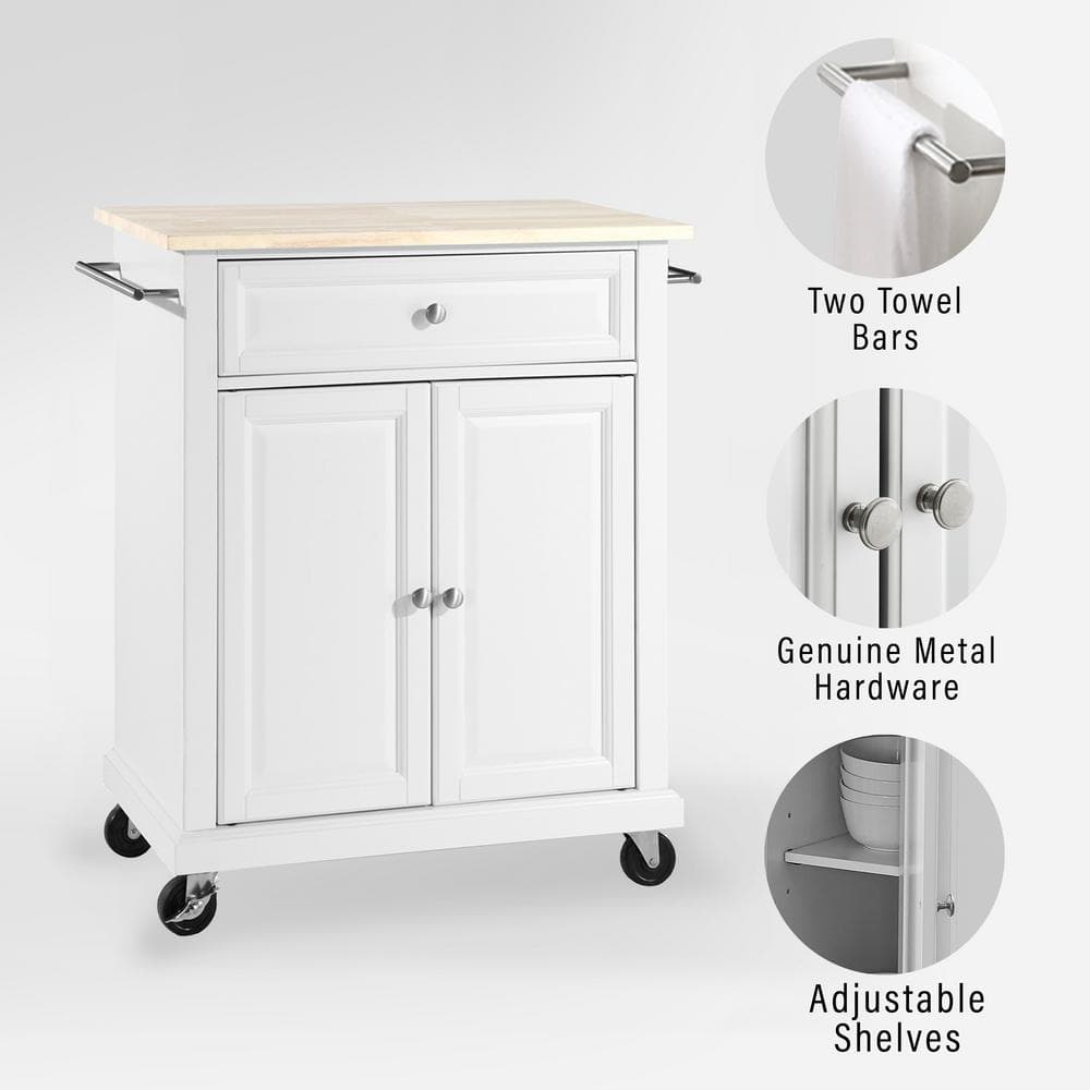 White Wood Kitchen Cart with Natural Top and Storage