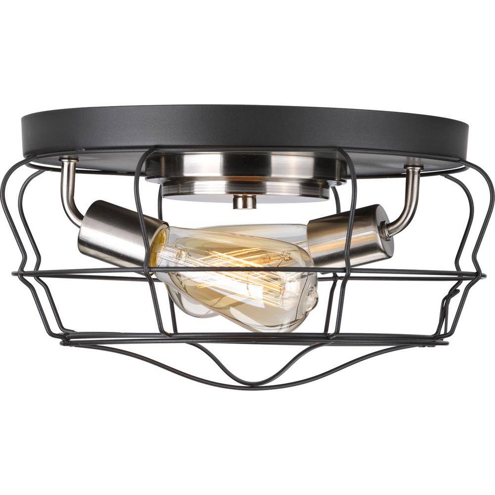 Graphite Steel 2-Light Flush Mount with Open Cage Design