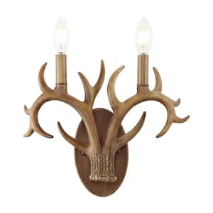 Oakley 13.25 in. 2-Light Southwestern Bohemian Resin/Iron Faux Antler LED Wall Sconce, Brown Wood Finish