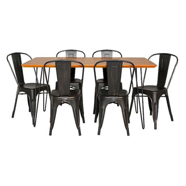 Walker Edison Furniture Company Contemporary 7-Piece Walnut/Black Mid Century Modern Urban Square Hairpin Dining Set with Caf Chairs