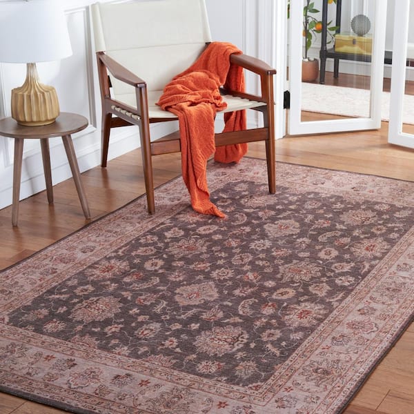 Tuscon Dark Gray/Beige 8 ft. x 10 ft. Machine Washable Border Floral Area Rug