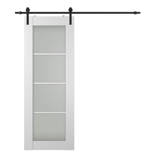 Belldinni Smart Pro 18 in. x 84 in. 4-Lite Frosted Glass Polar White Wood Composite Sliding Barn Door with Hardware Kit
