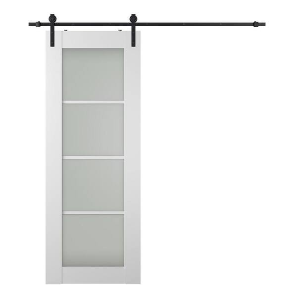Belldinni Smart Pro 32 in. x 80 in. 4-Lite Frosted Glass Polar White Wood Composite Sliding Barn Door with Hardware Kit