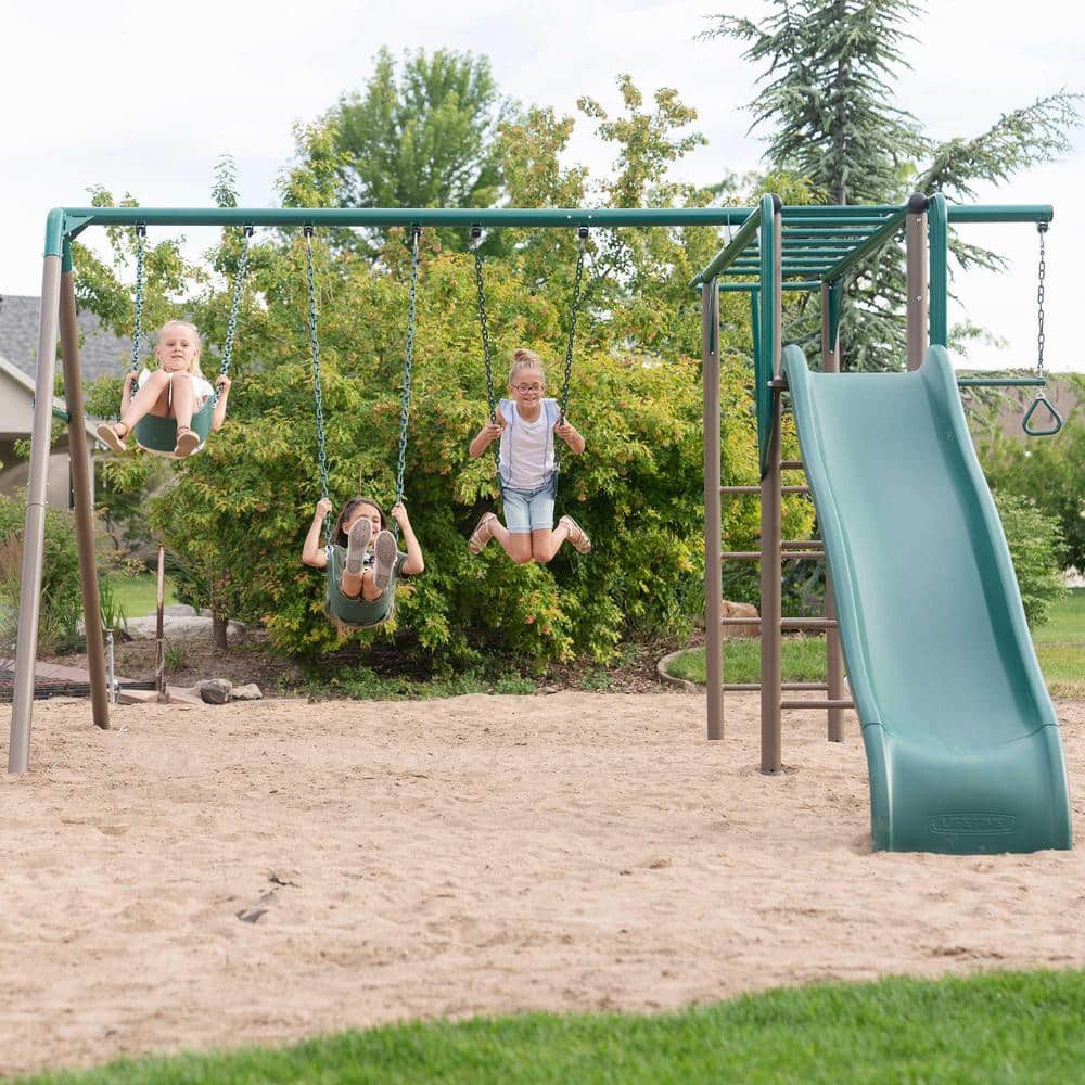 Green and Brown Metal Monkey Bar Swing Set with Slide
