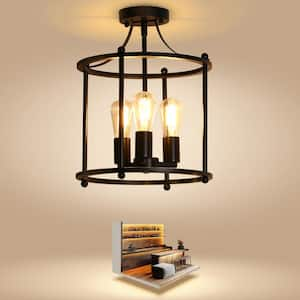 3-Light Black Farmhouse Semi Flush Mount Ceiling Light Fixture, Vintage Ceiling Mount for Dining Room Hallway Entryway