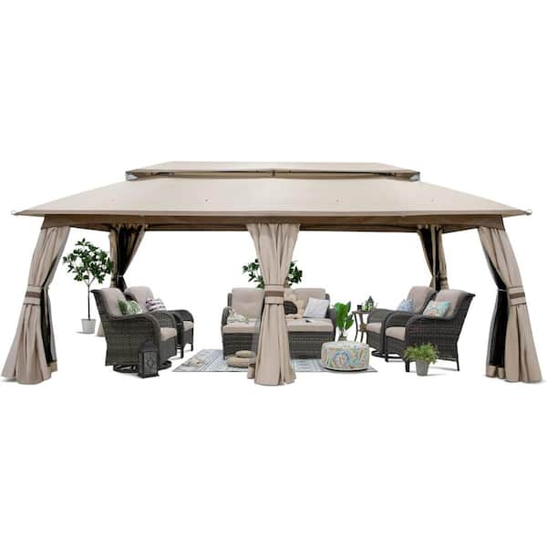Zeus & Ruta 10 ft. x 20 ft. Beige Metal Steel Outdoor Gazebo, Double-Tier Roof Gazebo Tent with Curtains and Nettings