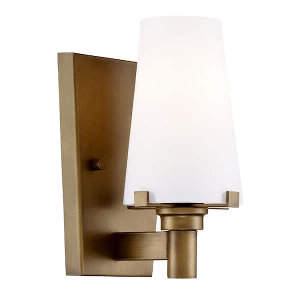 Designers Fountain 8 in. Hyde Park 1-Light Vintage Gold Modern Wall Mount Sconce Light with Opal Glass Shade