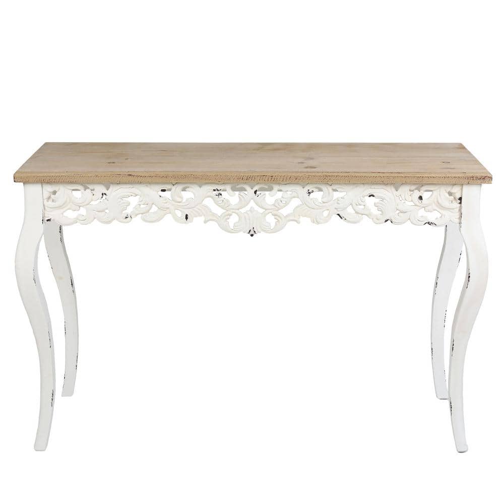 Victorian Off-White and Natural Wood Console Table with Storage