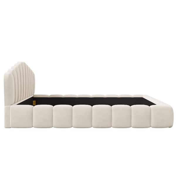 Velvet Upholstered Beige Wood Frame Queen Platform Bed with Shell-Shaped Headboard