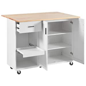 White Wood 49 in. Kitchen Island with Drawer, Kitchen Storage Cart with Slide-Out Shelf, Rolling Kitchen Cart on Wheel