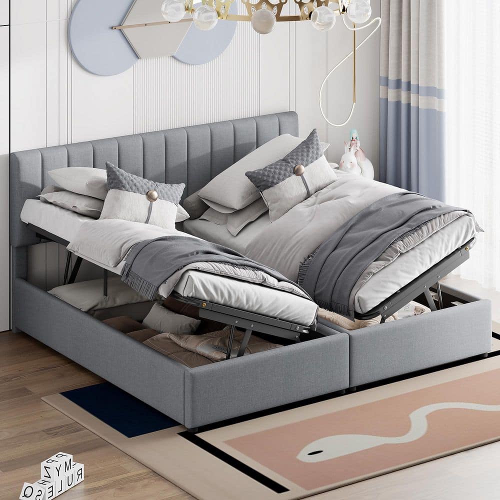 Harper & Bright Designs Gray Wood Frame King Size Upholstered