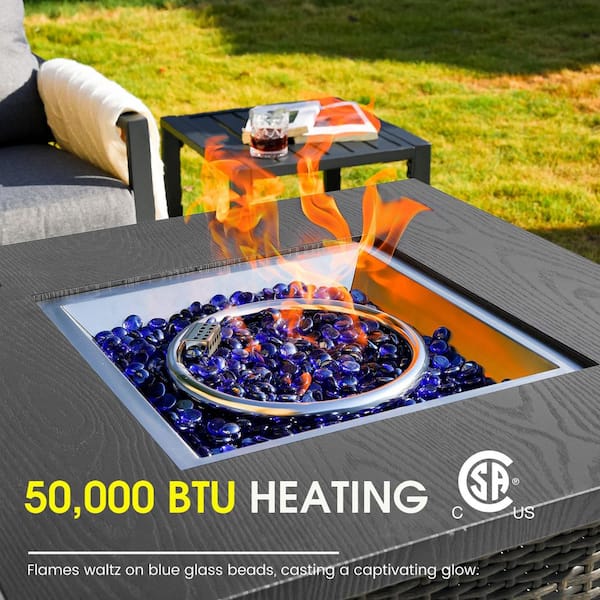 28 in. 50,000 BTU Gray Square Wicker Outdoor Fire Pit Table with Waterproof Cover and Fire Glass Beads
