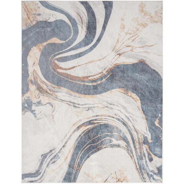 Nourison Astra Machine Washable Ivory Blue 8 ft. x 10 ft. Abstract Contemporary Area Rug