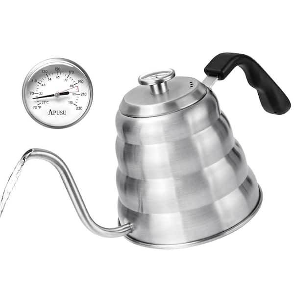 6-Cup Silver Stainless Steel Stovetop Tea Kettle, Gooseneck Kettle with Thermometer, 40 oz. Pour Over Coffee Kettle