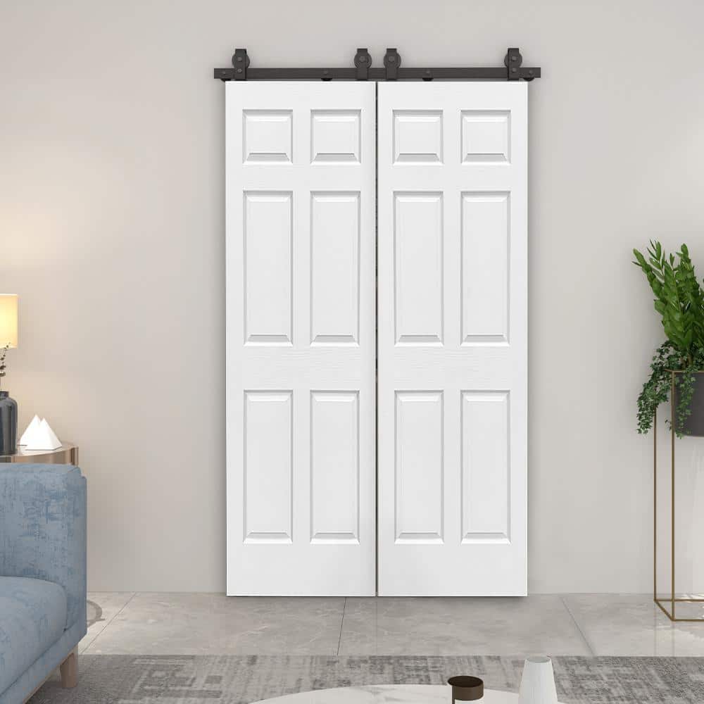60 in. x 80 in. White Painted MDF Double Bi-Fold Barn Door with Sliding Hardware Kit