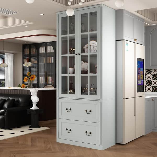 FUFU&GAGA Gray Wooden 31.5 in. W Buffet Pantry Cabinet Kitchen Cabinet with Adjustable Shelves and Tempered Glass Doors, Drawers