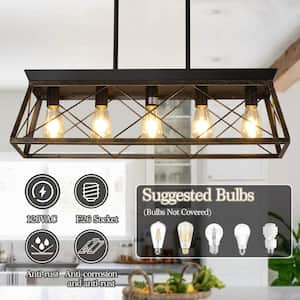 5-Light Farmhouse Chandeliers Pendant for Dining Room in Black Gold, Metal Rustic Island Light Fixture