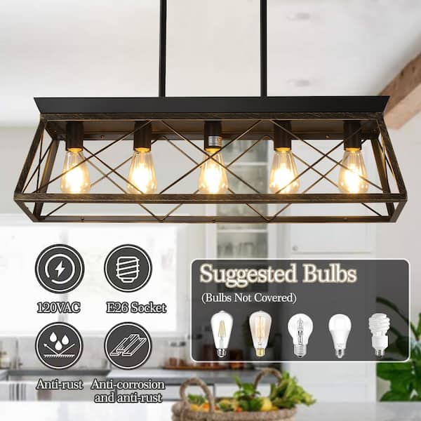 5-Light Farmhouse Chandeliers Pendant for Dining Room in Black Gold, Metal Rustic Island Light Fixture