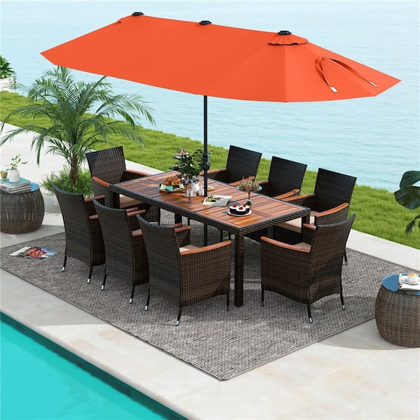 Costway Brown 9-Piece Wood Rectangle 29 in. Outdoor Dining Set with Cushions Beige