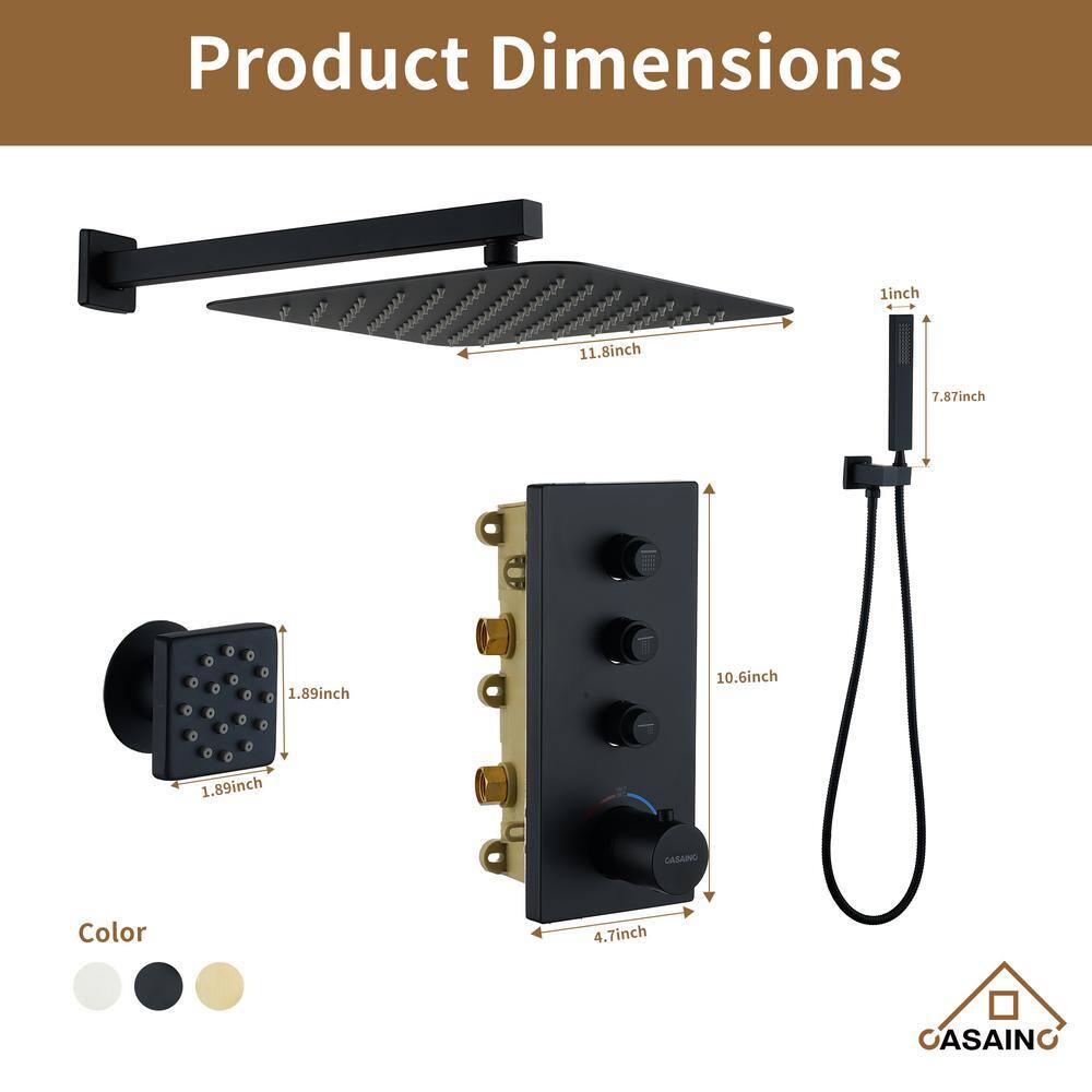Matte Black 12-Inch Wall Mounted Shower System with Body Jets