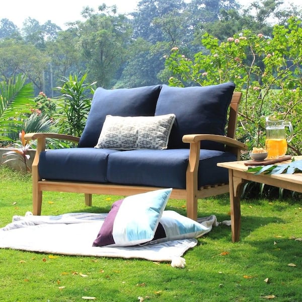 Cambridge Casual Caterina Teak Wood Outdoor Loveseat with Navy Cushion