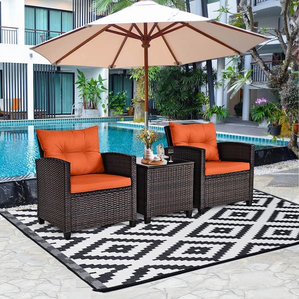 3-Piece Rattan Wicker Patio Conversation Set Sofa Coffee Table with Orange Cushions