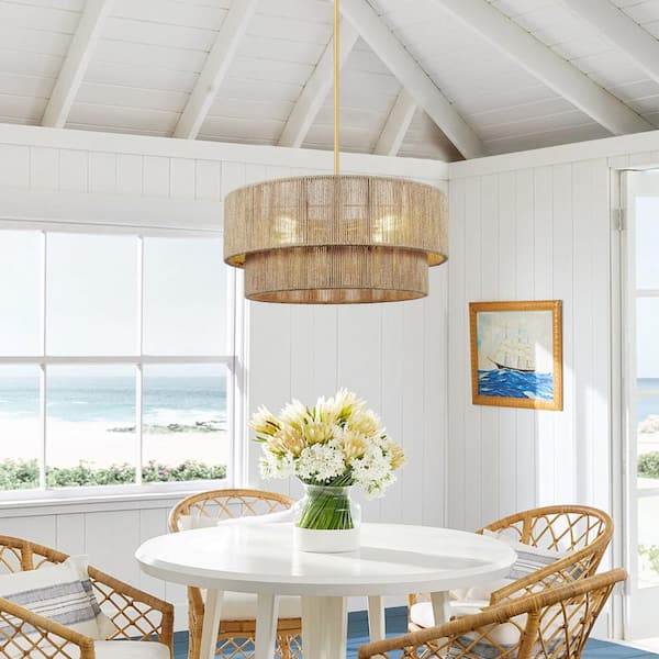 Glisten 21 in. 4-Light Bohemian Rattan Chandelier, Adjustable Brass Pendant with Jute Hand Woven Coastal Shade