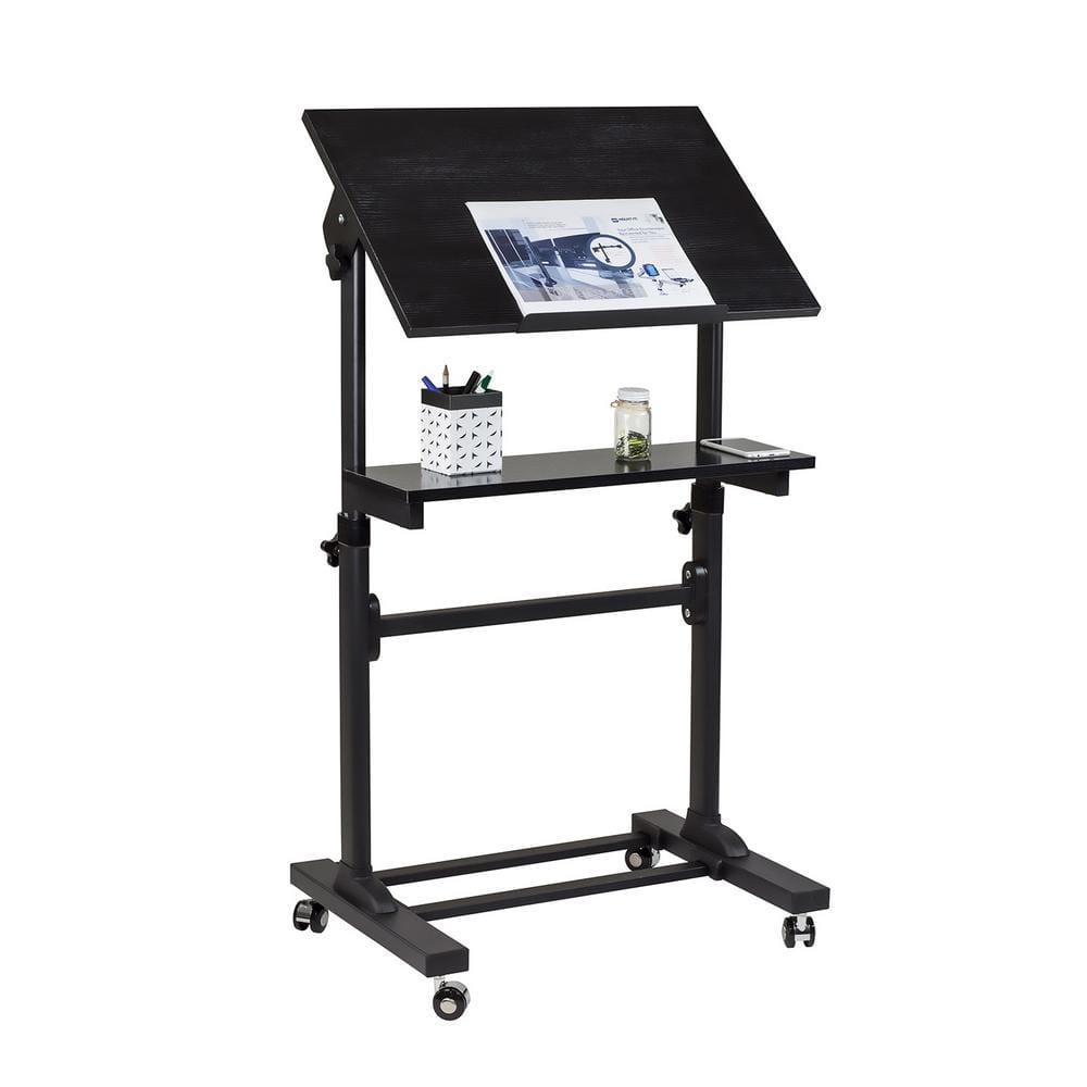 Black Adjustable Mobile Stand Up Desk with Particleboard Top