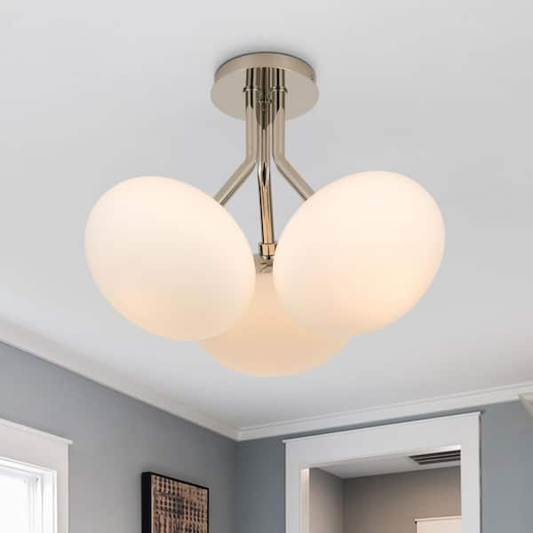 Kza 3-Light 16.9 in. W Polished Nickel Semi-Flush Mount Branch Sputnik Ceiling Light with Oval Frosted Glass for Kitchen