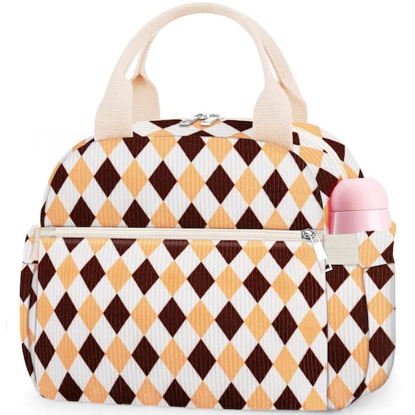10.6 in Insulated Lunch Bag with Large 10L Capacity, Corduroy Brown Argyle Tote with Pockets