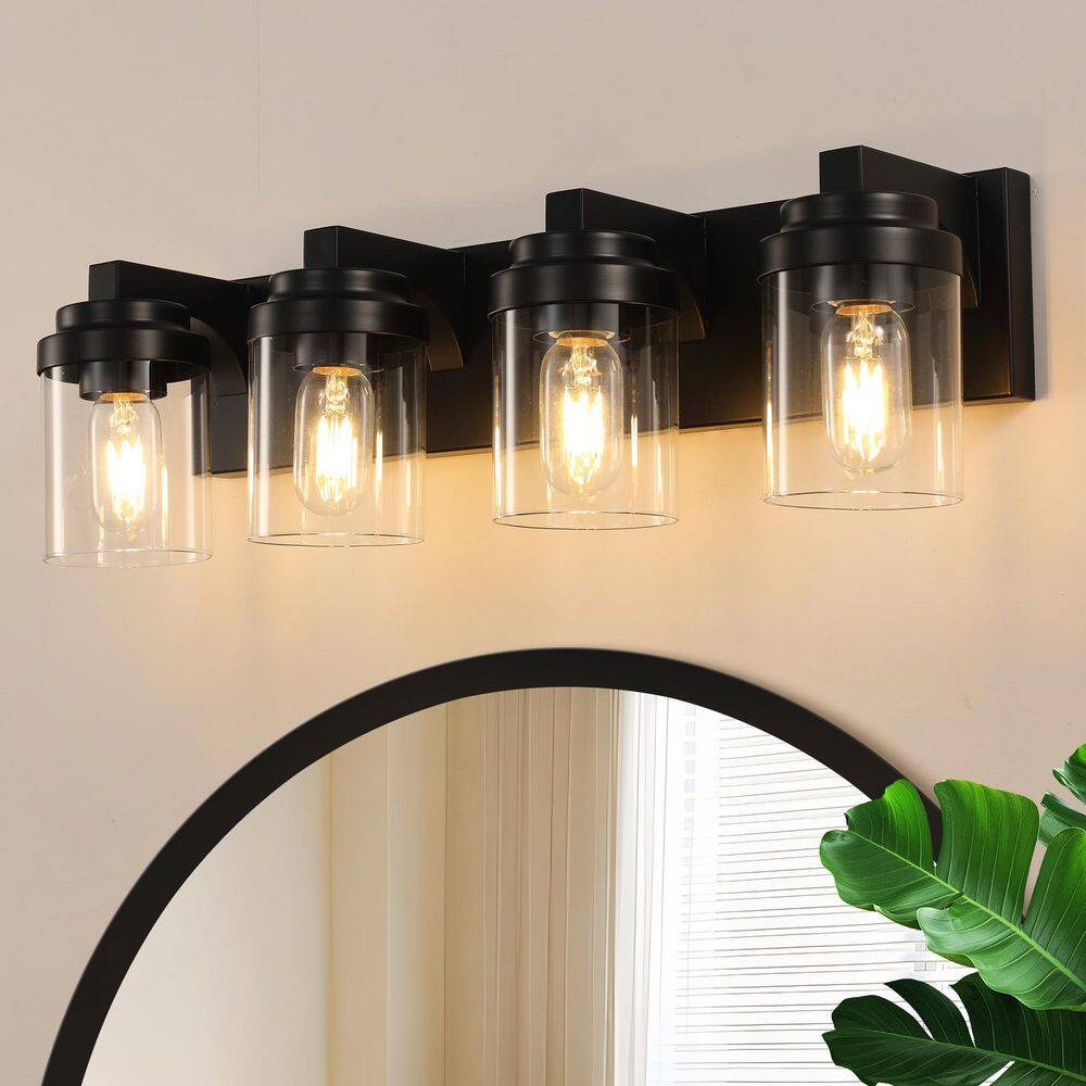 24 in. 4-Light Matte Black Farmhouse Bathroom Vanity Light with Clear Glass Shade price history on PriceWatchPro