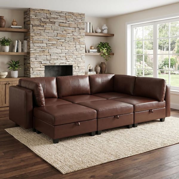 128.35 in. 6-Piece Faux Leather Convertible Modular Sectional Sofa with 2 Ottomans and Hidden Storage in Dark Brown