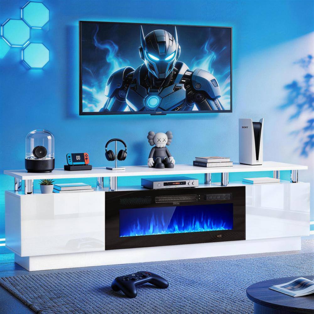 80" Fireplace TV Stand, Fire Place TV Stand for TVs up to 90", 36" Electric Fireplace, White & Black