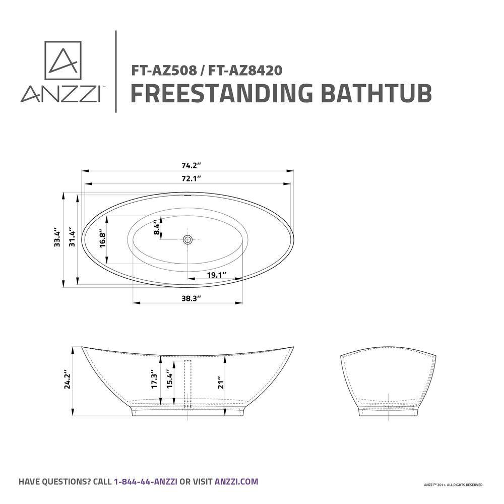 Ala 74'' Matte White Acrylic Freestanding Soaking Bathtub