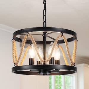 4-Light Black Drum-Shaped Chandelier with Hemp Rope for Kitchen Living Room with No Bulbs Included