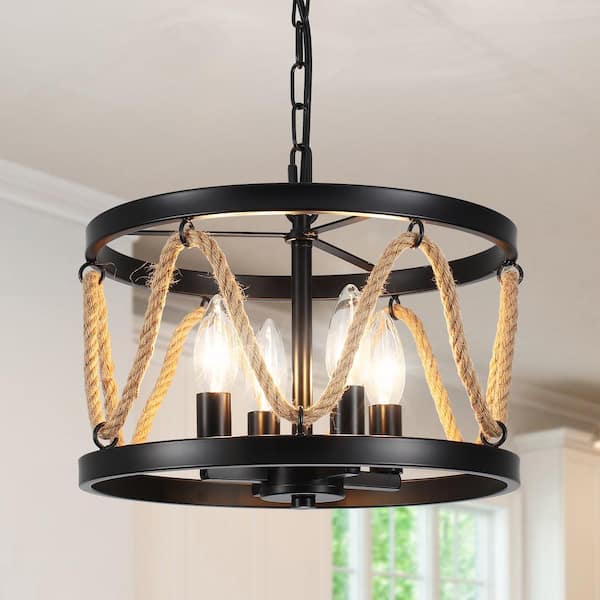 LWYTJO 4-Light Black Drum-Shaped Chandelier with Hemp Rope for Kitchen Living Room with No Bulbs Included