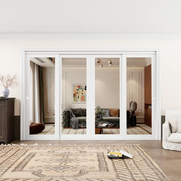 120 in. x 80 in. 1-Lite Mirror Glass White Finished MDF Interior Closet Sliding Door with Hardware and Handles