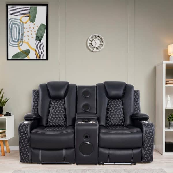 70.86 in Black Faux Leather Power Recline Loveseat Home Theater 2 Seating with Cupholders, Tray, Speakers, and USB Ports