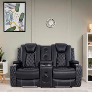 Home Theater Seating, Movie Theater Chairs, Power Recliner Loveseat with 6 Cupholders and Tray Air Leather in Black