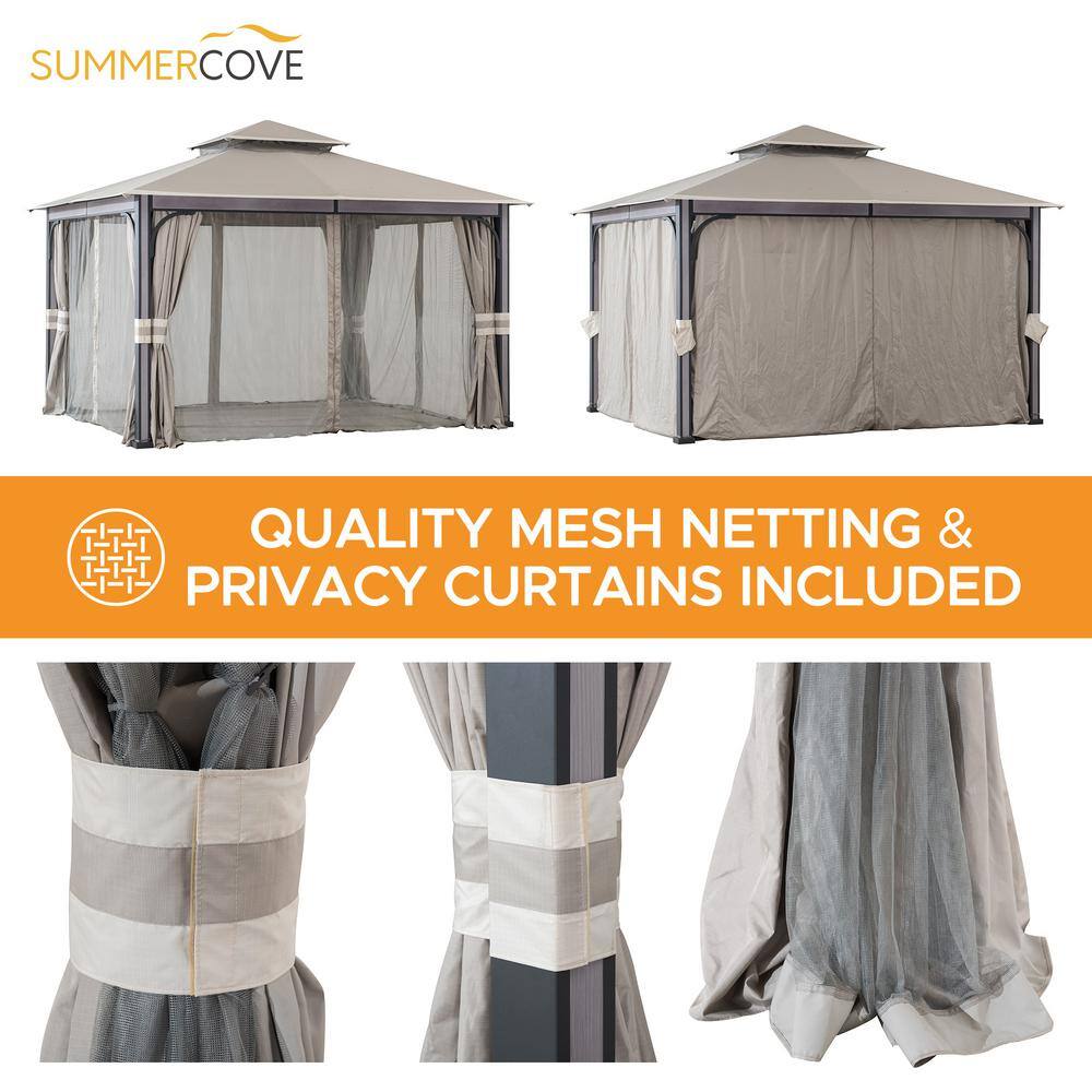 Light Gray 11 x 13 ft. Steel Frame 2-Tier Gazebo with Netting and Curtains