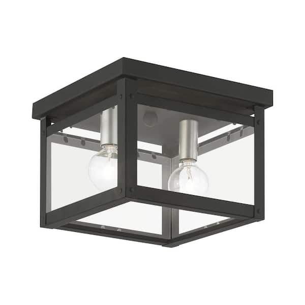 AVIANCE LIGHTING Lyford 8 in. 2-Light Black Flush Mount with Brushed Nickel Candles and Clear Glass