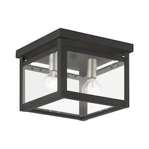 Milford 8 in. 2-Light Black Semi-Flush Mount with Brushed Nickel Candles and Clear Glass